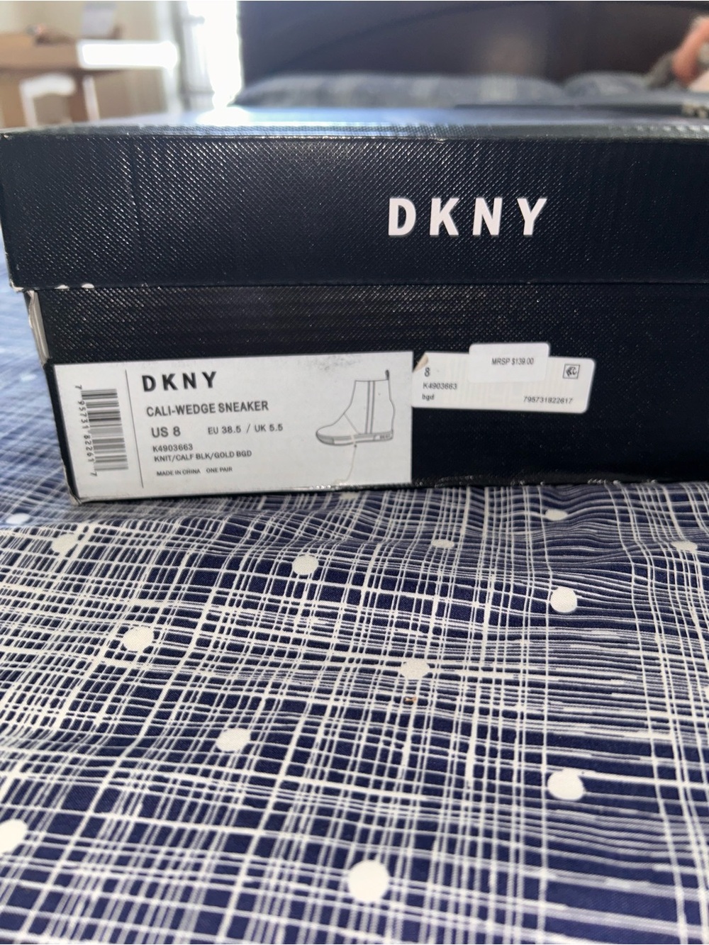 DKNY Black Knit Wedge Sneaker Boot with Gold Accents - Picture 12 of 12